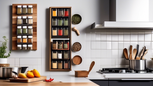 Create an image of a modern kitchen with a sleek magnetic spice rack organizer mounted on the wall, neatly holding a variety of spices in an organized and stylish manner. The kitchen should convey a sense of cleanliness, efficiency, and functionality
