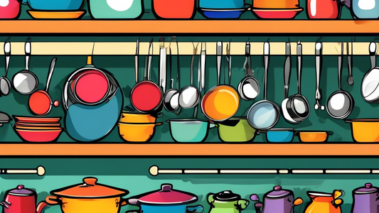 Create an image of a neatly organized pots and pans shelf with various sizes of pots and pans stacked and arranged in a space-saving and efficient manner. Include labels or markers to indicate which pot or pan goes where, showcasing a clutter-free an