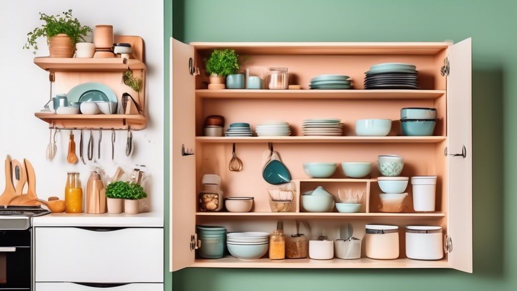 Create an image of a small, cluttered kitchen cabinet next to a neatly organized one, showcasing clever space-saving tips such as using stackable shelves, pull-out drawers, and hanging hooks to maximize storage efficiency.