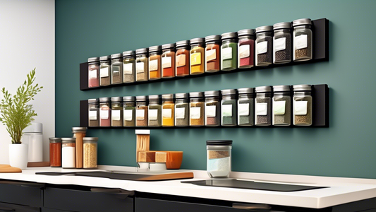 Create an image of a modern and sleek kitchen with a magnetic spice rack adorning the wall. The spices are neatly organized in small, clear jars with labels, adding a pop of color to the kitchen decor. The magnetic spice rack blends seamlessly into t
