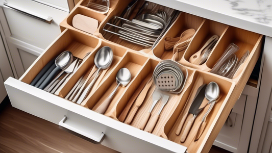 Create an image of a neatly organized kitchen drawer with various divider tips displayed, showcasing efficient ways to arrange utensils, tools, and other kitchen essentials for easy access and maximum functionality. Each tip should be visually repres