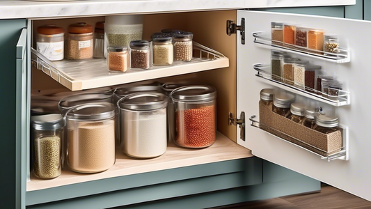 Create an image of a compact kitchen with clever space-saving organizers and storage solutions designed for small spaces. Showcase innovative ways to maximize storage and efficiency in a limited kitchen area. Include under-cabinet shelves, magnetic s