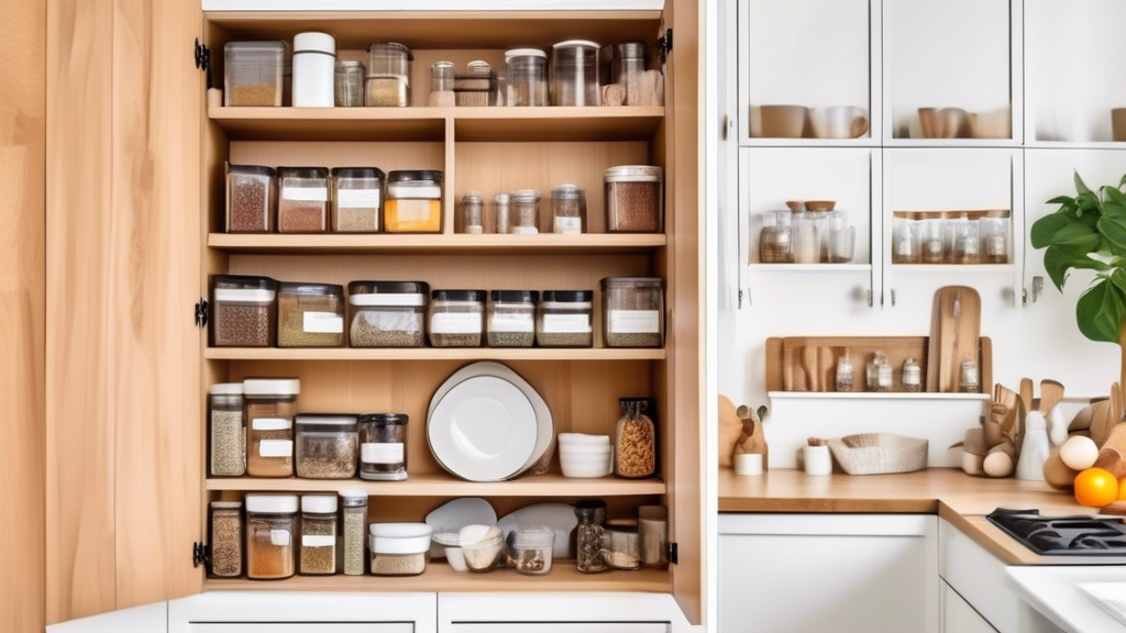 Create an image showcasing a perfectly organized and clutter-free kitchen space, with neatly arranged cabinets, labeled containers, a tidy pantry, and efficient storage solutions. Show a variety of kitchen organization tools such as drawer dividers, 