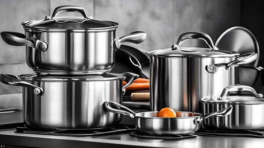 Create an image of a high-quality stainless steel cookware set, featuring multiple pots and pans of various sizes, each prominently displaying precise measurement markings for easy cooking and accurate recipe preparation. The cookware should appear s