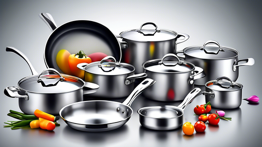 Create an image of a sleek and modern stainless steel cookware set arranged neatly on a induction stove, showcasing a variety of pots and pans with different sizes and shapes, ready to be used for cooking. The image should highlight the high quality 