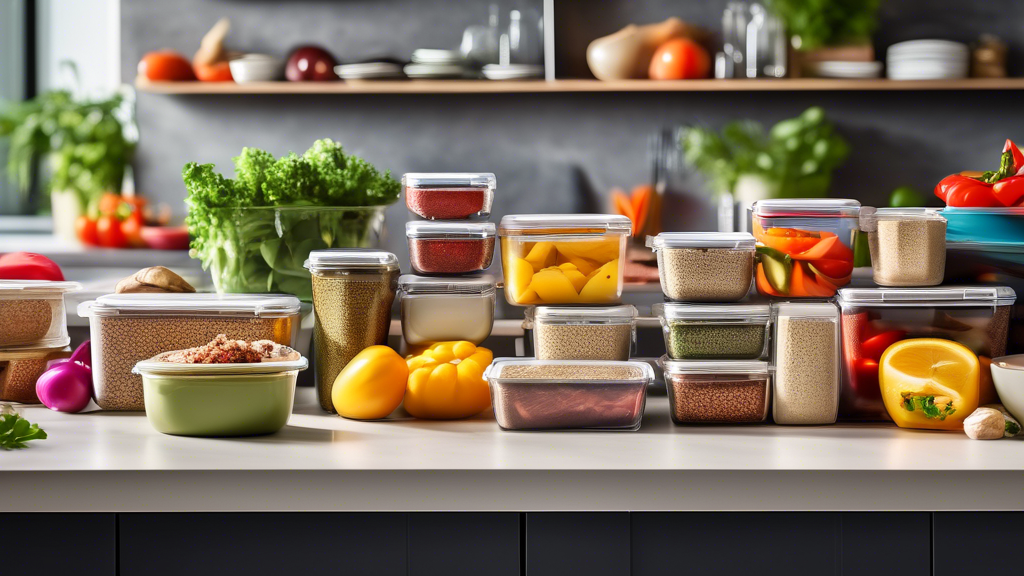 Create an image of a neatly organized kitchen counter with colorful containers filled with pre-cooked meals such as grilled chicken, roasted vegetables, and quinoa, along with labels indicating the easy steps to prepare each dish.