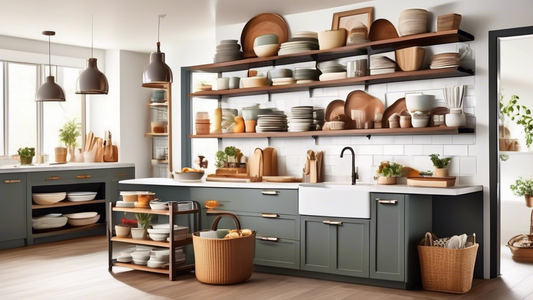 Create an image of a stylish and functional open shelving kitchen with three key organization tips highlighted: 
1. Use matching storage containers to keep items visually cohesive.
2. Utilize a mix of baskets and bins for versatile storage solutions.