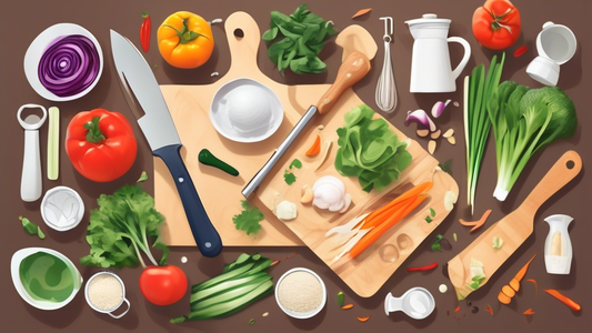 Create an image of a busy kitchen filled with various budget-friendly kitchen tools such as a cutting board, knife set, vegetable peeler, measuring cups, and mixing bowls, all being used efficiently for meal prep. Show a variety of ingredients being 