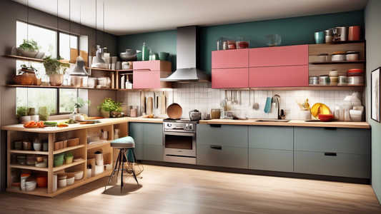 Create an image of a modern kitchen with innovative storage solutions to maximize space and reduce clutter, such as pull-out shelves, hanging racks, corner cabinets, and built-in organizers. Show a functional and organized kitchen that showcases smar