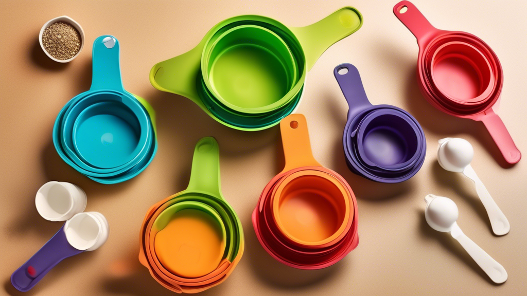 Create an image of collapsible measuring cups made from eco-friendly materials, showcasing their convenient and space-saving design. The cups should be depicted in a kitchen setting, with various ingredients and utensils in the background to emphasiz