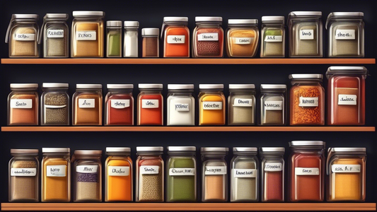 Create an image of a well-organized pantry shelf filled with various airtight containers storing different types of spices, with labels for each spice clearly visible. The containers should be neatly arranged to showcase the importance of proper spic