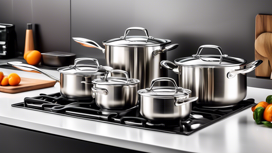 Create an image of a luxurious and modern kitchen with gleaming stainless steel cookware sets organized neatly on a kitchen counter. The image should showcase a variety of pots, pans, and lids, symbolizing the durability, versatility, and timelessnes