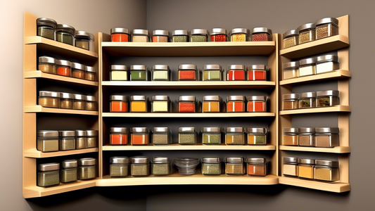 Create an image of a compact kitchen with limited counter space, featuring an organized and efficient array of 7 stackable spice racks neatly stacked in a corner, showcasing various spices and herbs in small jars. Display the racks in a visually plea