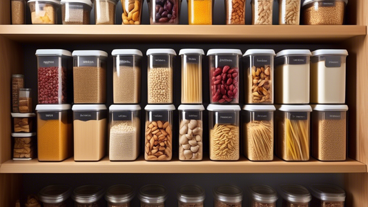 Create an image of a well-organized pantry shelf filled with a variety of airtight containers holding different types of food items, such as grains, pasta, nuts, and dried fruits. The containers should be of various shapes and sizes, neatly labeled f