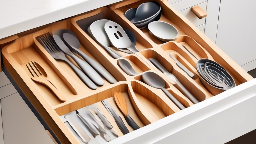 Create an image of a well-organized kitchen drawer with various divider options to efficiently store utensils, cutlery, and other kitchen essentials. Show examples of dividers such as adjustable trays, bamboo organizers, and drawer inserts to inspire