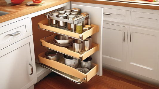 Create an image of a compact kitchen with limited storage space, showcasing various top roll-out cabinet organizers in use to maximize storage efficiency. Each organizer should be clearly labeled and illustrated to highlight its unique features and f