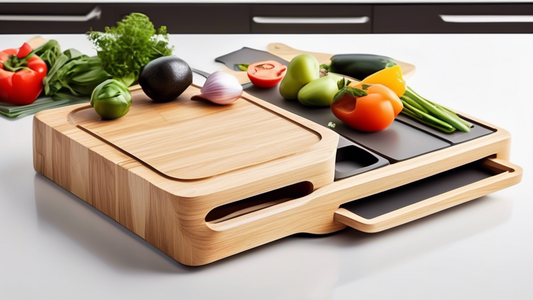 Create an image of a two-in-one multi-functional cutting board with storage compartment. The cutting board should have a sleek design with built-in compartments for storing knives, utensils, and other kitchen tools. The design should be practical, st
