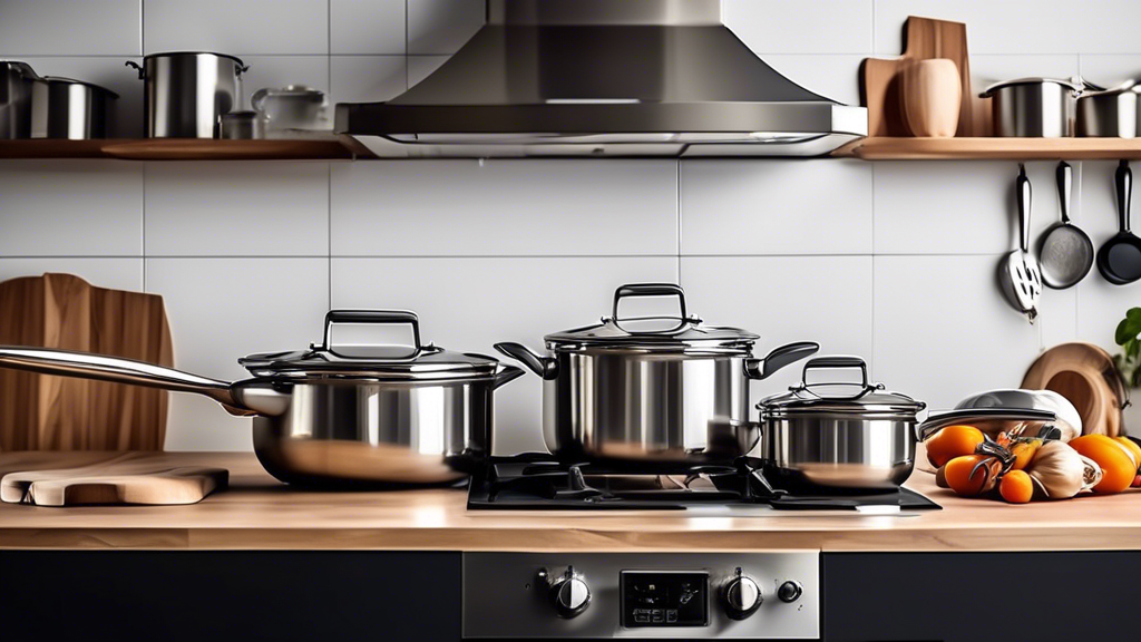 Create an image of a modern, sleek kitchen setting with stainless steel pots and pans on a stovetop, showcasing the benefits of using stainless steel kitchenware for cooking. The kitchen should be well-lit with a minimalist and elegant design.