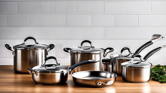 Create an image of five different stainless steel cookware sets lined up against a kitchen backdrop. Each set should consist of various pieces such as pots, pans, and lids, showcasing their durability and quality. The sets should be displayed in a vi