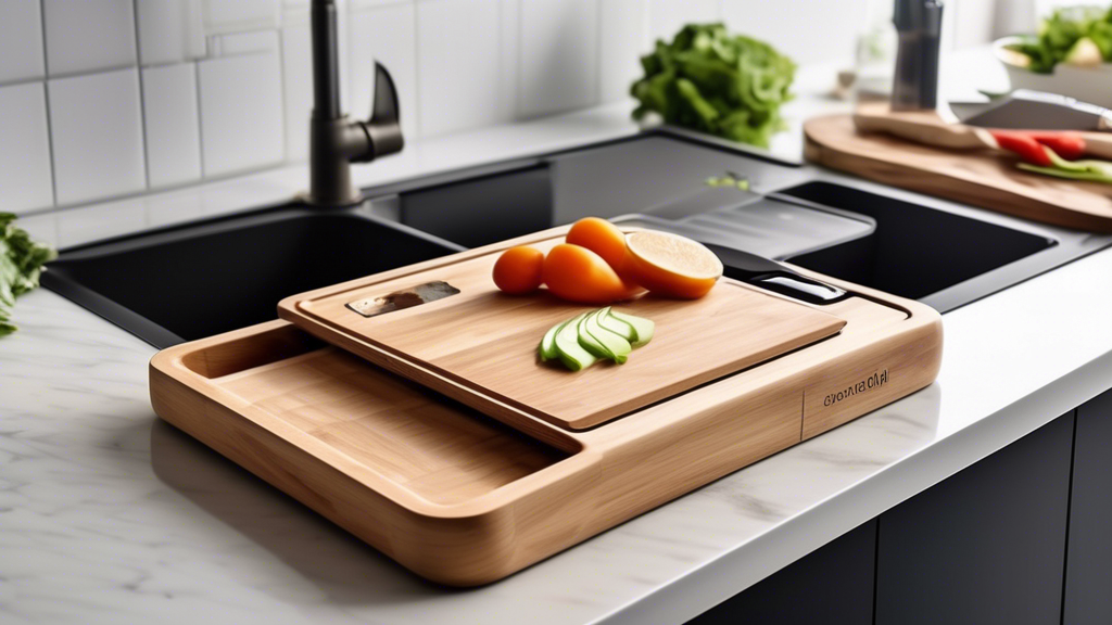 Create an image of a compact cutting board with built-in storage compartments. The cutting board should be designed with innovative features that make meal prep more convenient and efficient. Visualize a sleek and practical solution that combines the