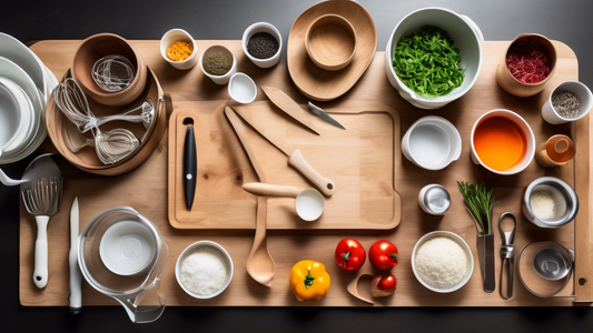Create an image of a neatly organized kitchen countertop with essential cooking tools laid out - including a cutting board, chef's knife, cooking pots, measuring cups, wooden spoon, whisk, vegetable peeler, and mixing bowls. The image should exude a 