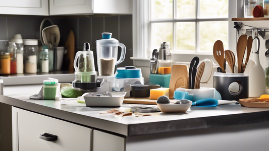 Create an image of a cluttered kitchen counter with a variety of messy dishes and utensils scattered around. In the foreground, showcase a selection of innovative kitchen gadgets designed to make cleanup quick and easy. Include items like a self-clea