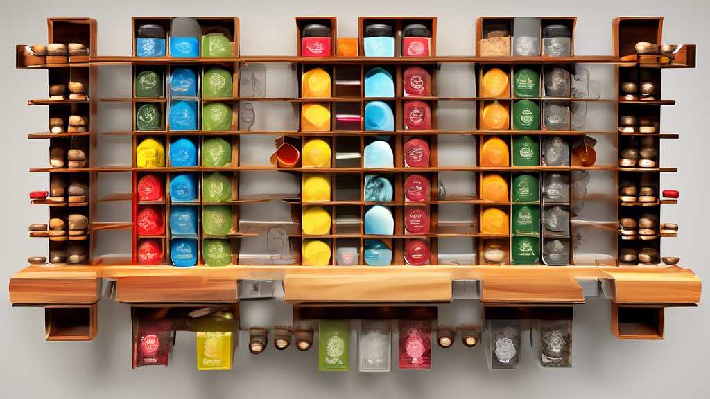 Create an imaginative and unique image of a custom spice rack design that is both functional and aesthetically pleasing, incorporating elements of creativity and innovation. The design should showcase different compartments for organizing various spi