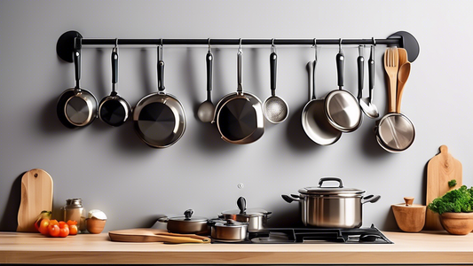 Create an image of a modern kitchen with a sleek space-saving cookware storage rack installed on the wall, neatly organizing various pots, pans, and kitchen utensils. The kitchen should appear functional, organized, and aesthetically pleasing, showca