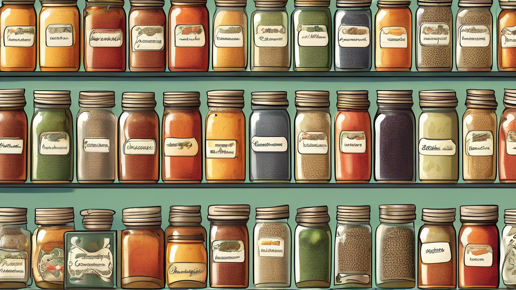 Create an image of a well-organized spice cabinet with various jars neatly labeled and arranged. Each label should be clear, legible, and aesthetically pleasing, showcasing different styles and techniques for successful spice jar labeling. Include a 