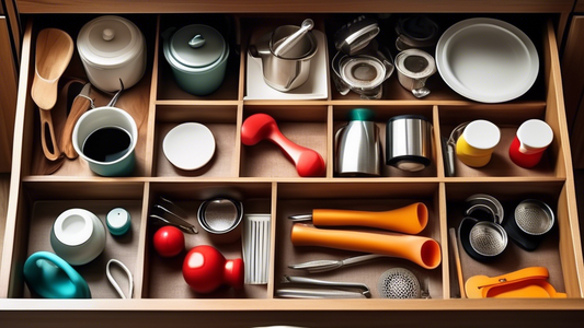 Create an image of a well-organized kitchen drawer or cabinet filled with various kitchen gadgets neatly arranged in compartments or dividers. Show labels next to each gadget to showcase an efficient organization system.