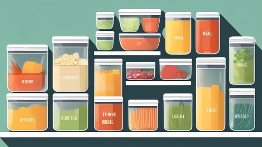 Create an image showing a perfectly organized kitchen with labeled containers for meal prepping, neatly arranged utensils, and a clean, clutter-free countertop. The kitchen should convey a sense of order and efficiency, inspiring viewers to adopt org