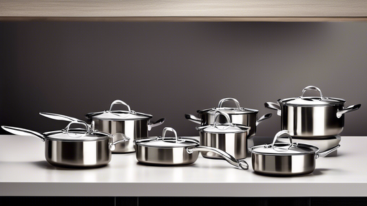 Create an image of a sleek and modern stainless steel cookware set arranged neatly on a kitchen countertop. Include various pots, pans, and lids that showcase the versatility and quality of the cookware set suitable for home cooks. The image should c