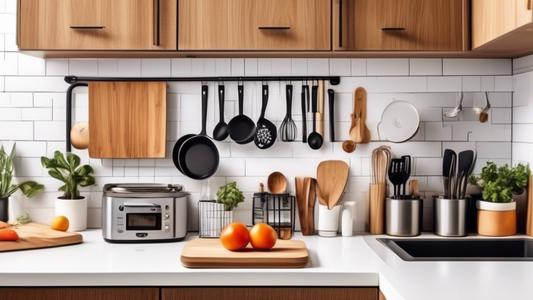 Create an image of a small, apartment kitchen filled with various space-saving kitchen gadgets such as a foldable dish drying rack, magnetic spice containers, nesting mixing bowls, over-the-sink cutting board, and a compact multi-functional counterto