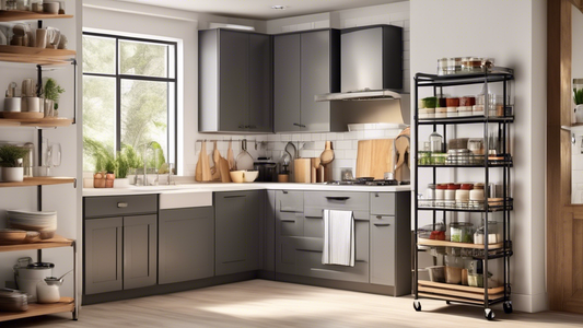 Create an image of a stylish kitchen with a rolling cart in a corner, showcasing an organized and maximized storage space. The rolling cart is filled with neatly arranged kitchen essentials like pots, pans, utensils, and jars, demonstrating how it ca