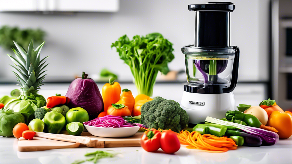 Create an image of a kitchen countertop showcasing an array of top tools for vegetarian and vegan meal prep, such as a sharp knife, cutting board, vegetable spiralizer, food processor, measuring cups, and various colorful fruits and vegetables ready 