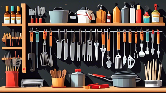 Create an image of a neatly organized outdoor grilling station, showcasing various grilling tools such as spatulas, tongs, brushes, and skewers hanging on hooks or neatly arranged on shelves. Include labels or markers for each tool to easily identify