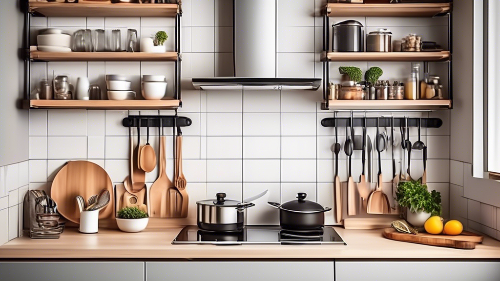 Please generate an image of a compact and organized kitchen space with innovative small-space kitchenware solutions. Show various space-saving kitchen gadgets, storage solutions, and multi-functional kitchen items that maximize efficiency in a limite