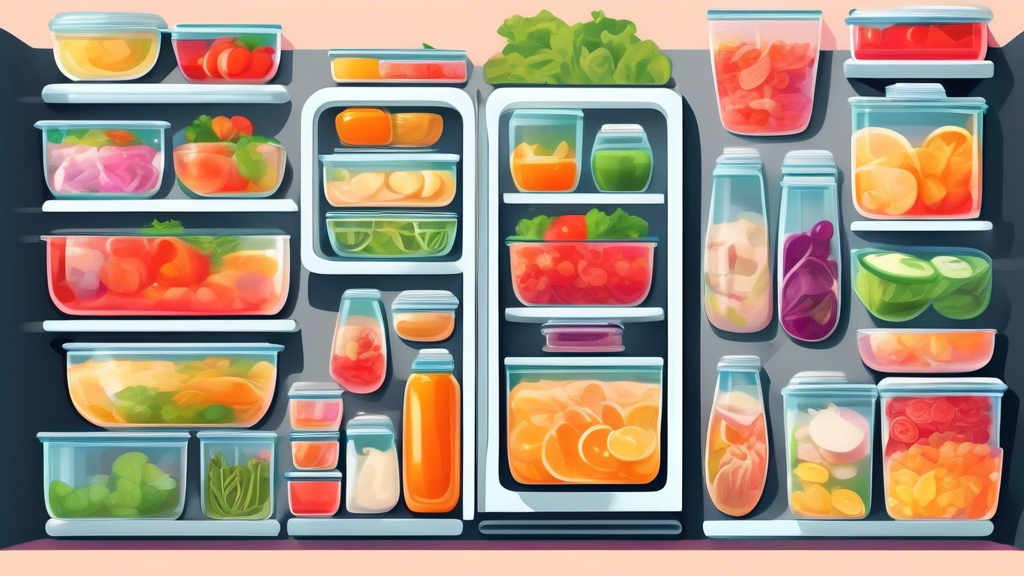 Create an image of an organized refrigerator filled with various meal prep containers of different shapes and sizes, neatly stacked and labeled with fresh, vibrant ingredients inside. Display a variety of containers such as glass, plastic, and stainl