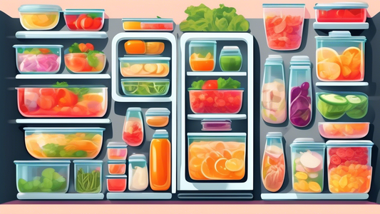 Create an image of an organized refrigerator filled with various meal prep containers of different shapes and sizes, neatly stacked and labeled with fresh, vibrant ingredients inside. Display a variety of containers such as glass, plastic, and stainl