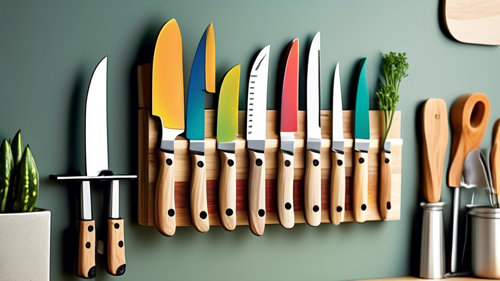 Show a cozy, small kitchen with limited counter space and a cluttered knife block. Display alternative space-saving knife storage solutions such as magnetic strips, wall-mounted racks, or drawer organizers. Highlight a creative and efficient way to s