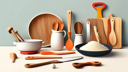 Create an image of a beginner's essential kitchen utensils set, featuring a chef's knife, cutting board, measuring spoons, mixing bowls, and a wooden spoon laid out on a clean, well-lit kitchen counter. The image should showcase the tools in a neat a