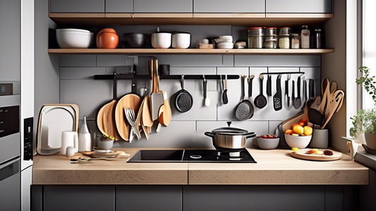 Create an image of a small kitchen in a modern apartment showcasing space-saving kitchen gadgets such as a compact foldable drying rack, a magnetic knife holder, a collapsible silicone colander, a stackable food storage container set, and a multifunc