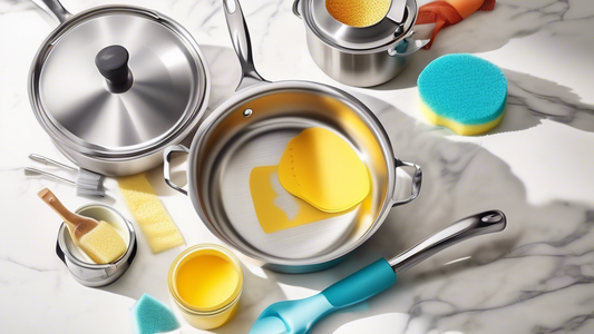 Create an image of a pristine stainless steel pot and pan set gleaming under a bright light, surrounded by various cleaning supplies such as sponges, brushes, and natural cleaners like vinegar, with a caption that says Easy Cleaning Tips for Stainles