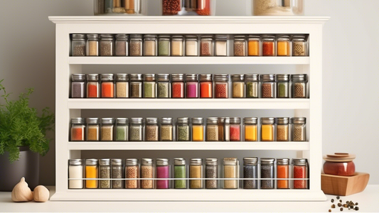 Create an image of a well-organized spice rack with different jars labeled neatly. The labels should include not just the names of the spices but also their expiration dates. The jars should be arranged in a visually appealing way, highlighting the i