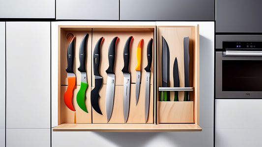 Create an image of a chef's kitchen with a variety of unique and creative knife storage solutions. Show different ways knives can be stored efficiently and creatively in the kitchen to maximize functionality and organization. Include different types 
