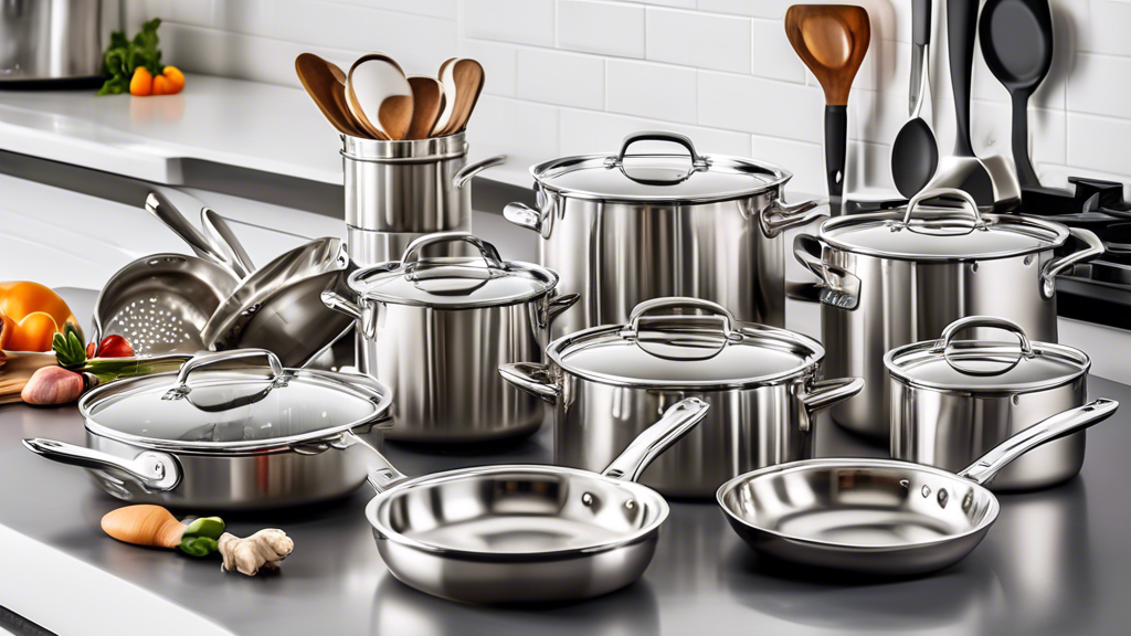 Create an image of a variety of stainless steel cookware sets displayed on a kitchen counter, showcasing a mix of pots, pans, and cooking utensils. Each set should be labeled with a price tag, with a range of affordable options listed from different 