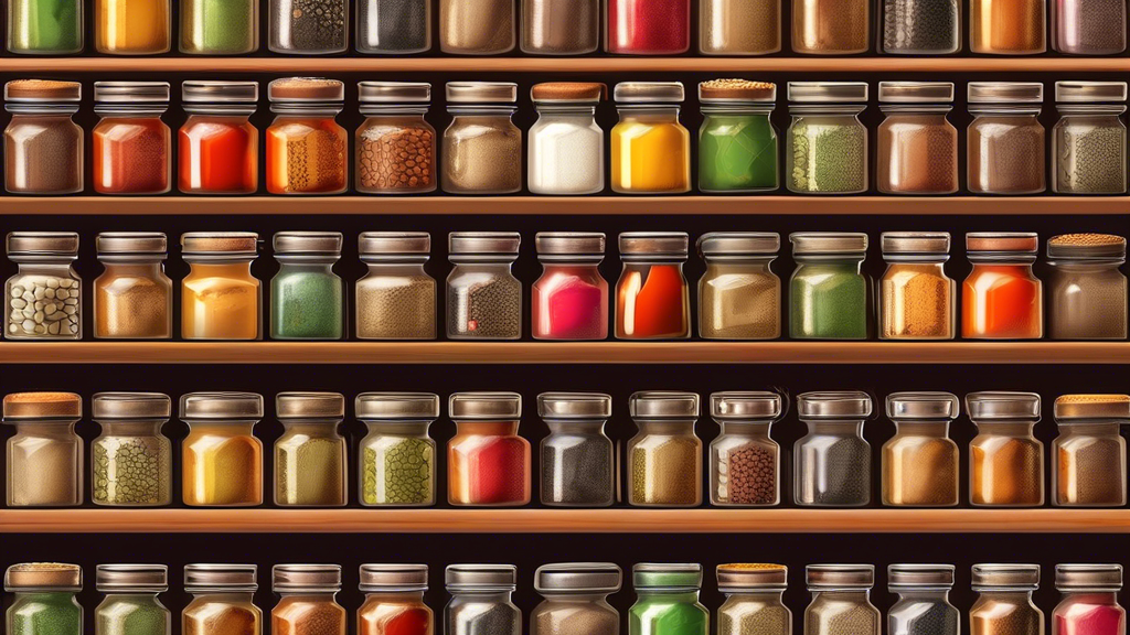 Create an image of a beautifully organized spice rack with an assortment of vibrant spices stored in airtight containers. Each container should be labeled and neatly arranged, showcasing a variety of colors and textures. The spices should be displaye