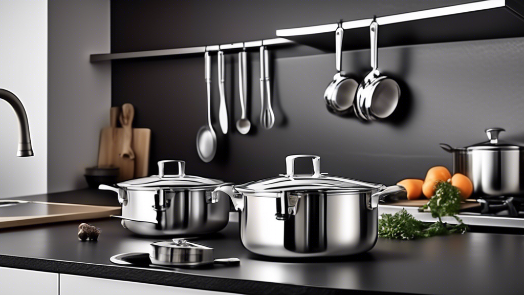 Create an image of a stylish and modern kitchen interior, featuring a sleek stainless steel cookware set displayed on a countertop or hanging from a rack. The kitchen should be well-lit and designed with a chic aesthetic, showcasing the elegance and 