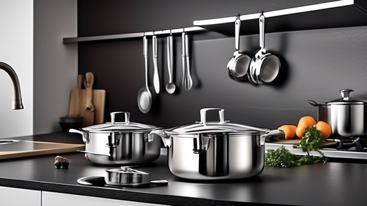 Create an image of a stylish and modern kitchen interior, featuring a sleek stainless steel cookware set displayed on a countertop or hanging from a rack. The kitchen should be well-lit and designed with a chic aesthetic, showcasing the elegance and 