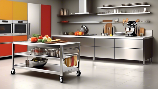 Create an image of a modern, spacious kitchen with a sleek stainless steel kitchen cart as the central focus. The cart should be equipped with various kitchen tools and utensils, showcasing its functionality and utility for home chefs. The overall ae